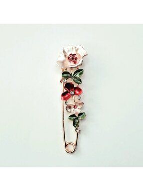Floral Enamel Safety Pin Brooch With Rhinestones Red & Green 3 Inches Long
